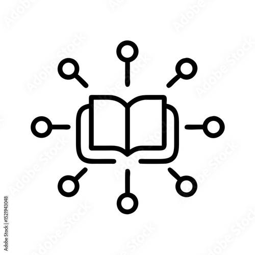 An open book surrounded by network nodes, representing knowledge dissemination and connectivity. This illustration visually represents the sharing of information, education and learning