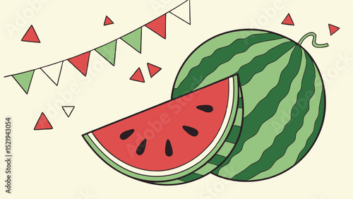 Festive Watermelon Slice and Whole Watermelon with Bunting (1)