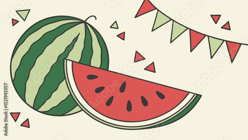 Festive Watermelon Slice and Whole Watermelon with Bunting