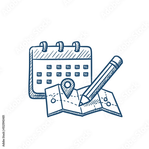 Calendar and map with pencil symbolizing travel planning concept  