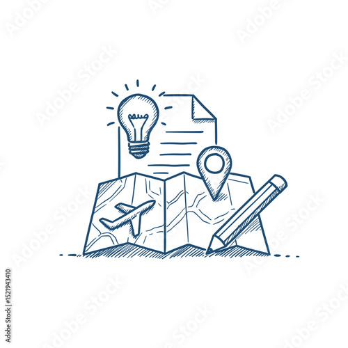 Travel Tips sketch with map, pencil, plane, and light bulb illustration  