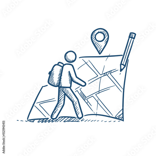 Walking Tour Icon. Sketch of a traveler with a map and backpack, on a transparent background. Hiking, sightseeing, exploration concept for a travel guide, tourism app, or website