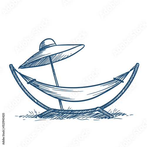 Vacation Icon. Hand-drawn sketch of a hammock for summer relaxation, on a transparent background. Travel, leisure, holiday concept for a resort website, booking app, or tourism design