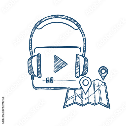 Audio Guide illustration with headphones and map for travel  