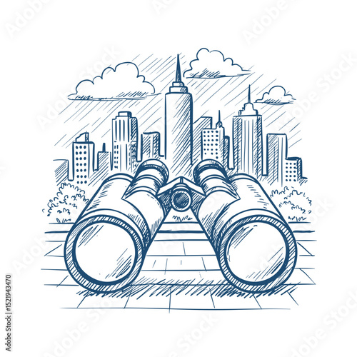 City Tour Icon. Binoculars viewing a city skyline, vector on a transparent background. Urban tourism, sightseeing, exploration concept for a travel guide, website, or city map
