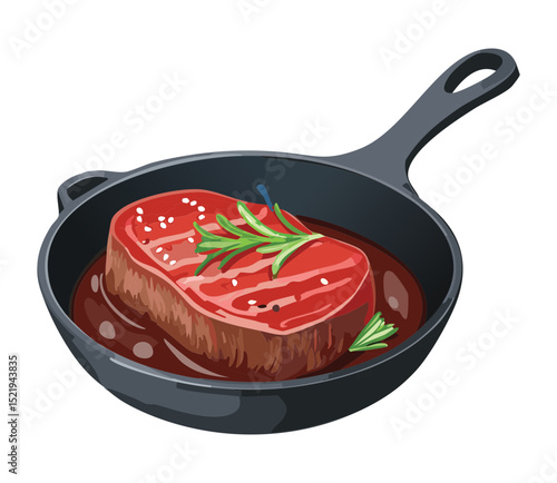 Raw Steak with Rosemary in Cast Iron Pan - Vector Illustration