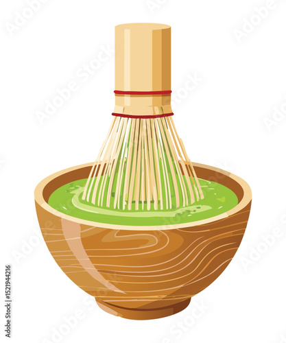 Traditional Matcha Whisk in Wooden Bowl - Vector Illustration