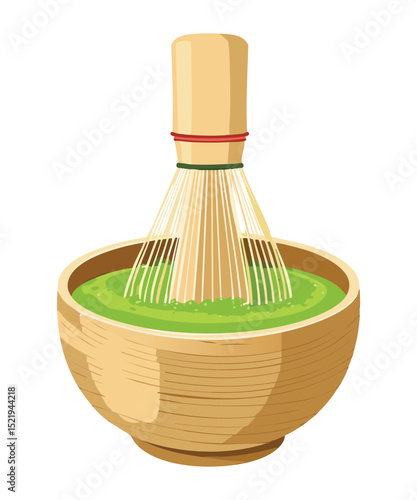 Whisking Green Tea in Traditional Bowl - Vector Illustration