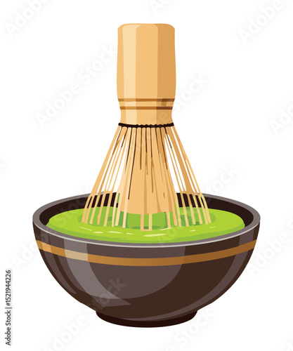 Preparing Green Tea with Bamboo Whisk - Vector Illustration