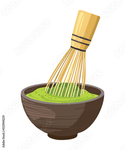 Traditional Matcha Green Tea Whisk in Bowl - Vector Illustration