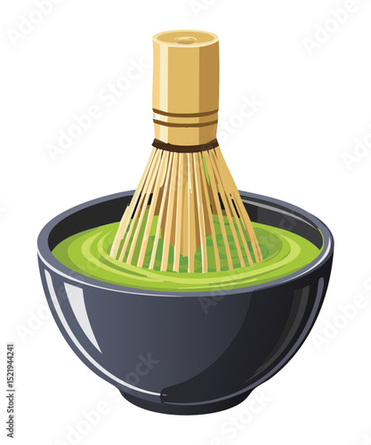 Whisking Matcha Green Tea in Bowl - Vector Illustration