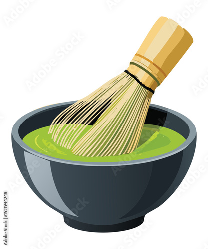 Green Tea Whisk in Ceramic Bowl - Vector Illustration