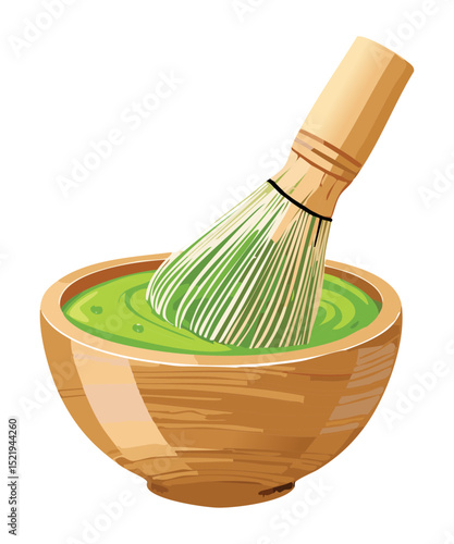 Bamboo Whisk in Green Tea in Bowl - Vector Illustration
