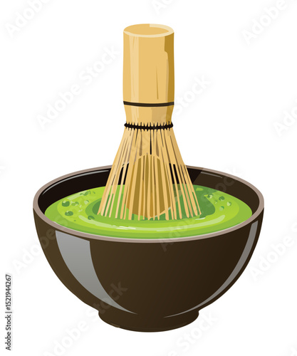 Preparing Green Drink with Bamboo Whisk - Vector Illustration
