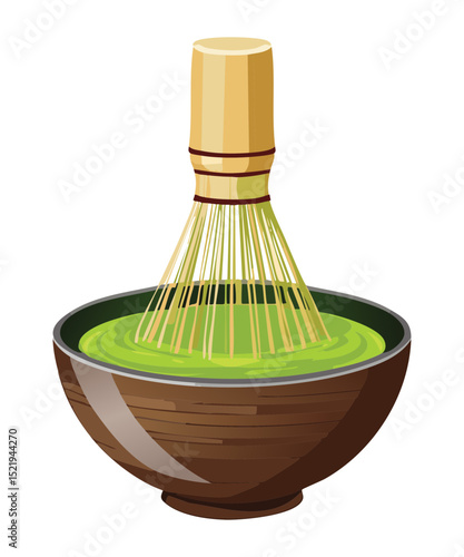Bamboo Whisk and Green Tea in Bowl - Vector Illustration