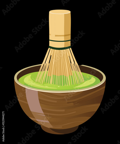 Whisking Green Tea in Dark Bowl - Vector Illustration