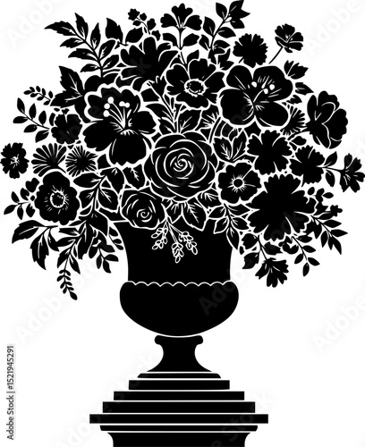 Floral urn on pedestal silhouette vector illustration
