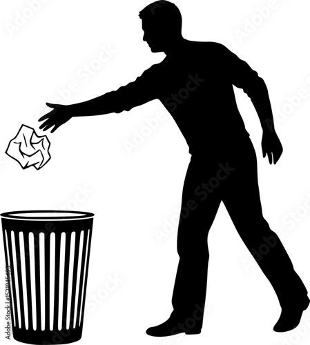 Man throwing paper into a trash can silhouette
