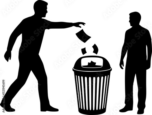 Man throwing paper into a trash can silhouette
