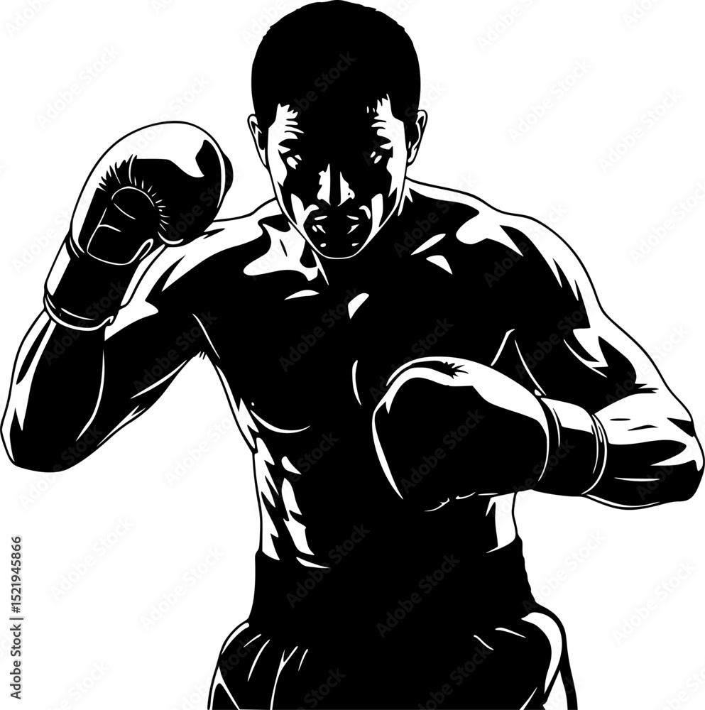 Fototapeta premium Boxer in fighting stance black silhouette vector illustration 
