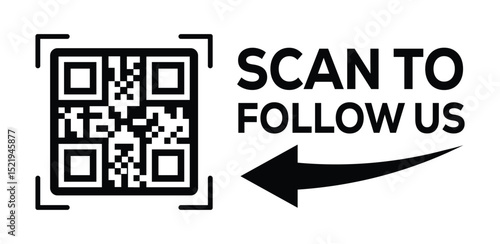 Minimalist black and white social media QR code graphic. Code framed in black square on left. Bold "SCAN TO FOLLOW US" text and curved arrow pointing left on right. Clean, modern design directs viewer