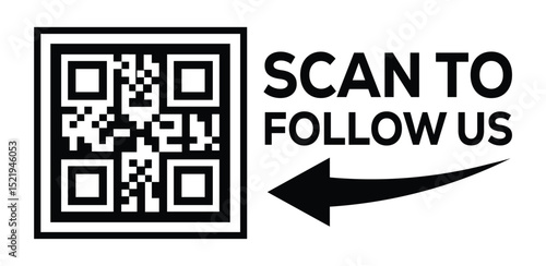 Minimalist black and white social media QR code graphic. Code framed in black square on left. Bold "SCAN TO FOLLOW US" text and curved arrow pointing left on right. Clean, modern design directs viewer