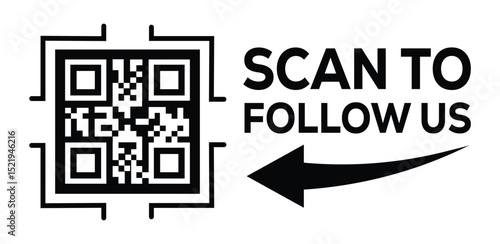 Minimalist black and white social media QR code graphic. Code framed in black square on left. Bold "SCAN TO FOLLOW US" text and curved arrow pointing left on right. Clean, modern design directs viewer