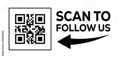 Minimalist black and white social media QR code graphic. Code framed in black square on left. Bold "SCAN TO FOLLOW US" text and curved arrow pointing left on right. Clean, modern design directs viewer