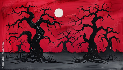Dark, twisted trees under a full moon in a terrifying blood-red forest.