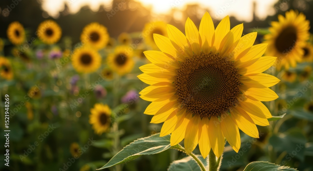 Fototapeta premium A Field of Sunflowers Underneath a Golden Sky