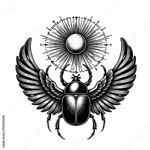 Scarab beetle with wings and sun symbol. Detailed scarab beetle illustration with outstretched wings, reminiscent of ancient Egyptian art. This scarab beetle image is perfect for mystical designs,