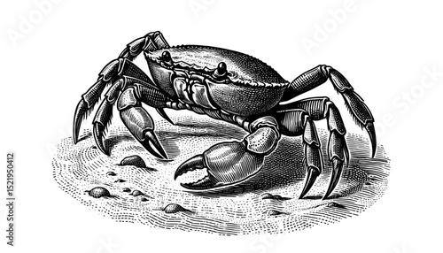 Detailed crab illustration, showcasing crustacean anatomy with sharp claws and segmented body. This intricate crab drawing is perfect for scientific publications, educational materials,