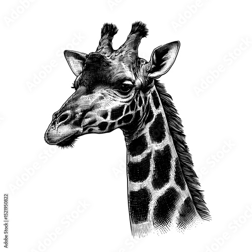 Giraffa camelopardalis portrait. Majestic giraffe head drawing. Elegant giraffe illustration for zoological posters and wildlife magazines.