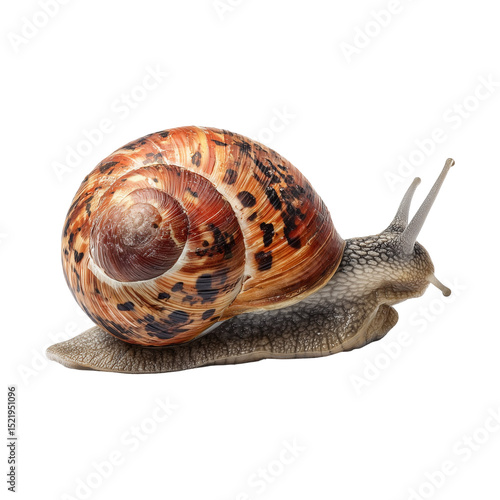 Close up of a snail with a patterned shell against a white background showing its antennae out front