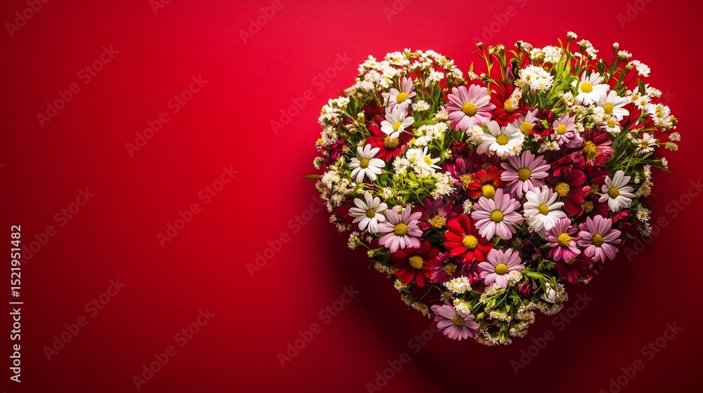 Obraz premium Heart shaped bouquet of colorful flowers on red background for valentine's day