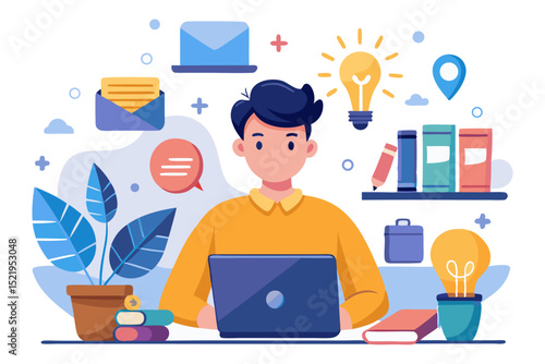A person working on a laptop at a desk, surrounded by elements symbolizing online education, remote work, communication, and idea generation, including a lightbulb, books, messages, and a potted plant