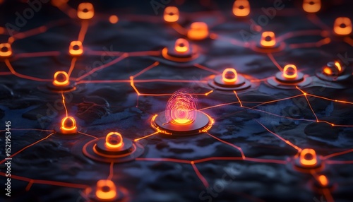 Illuminated network nodes on a textured surface.