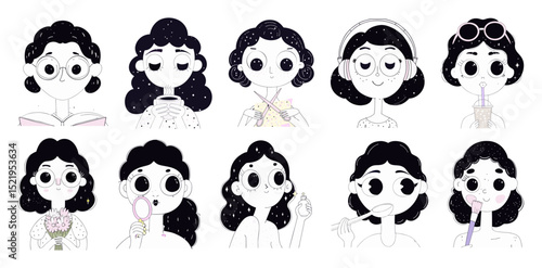 A collage of 10 black and white line-art cartoon illustrations featuring various hairstyles and accessories for women, symbolizing self-care, beauty routines, and everyday activities.