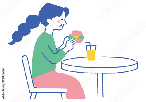 Woman eating a hamburger in a food court_Color