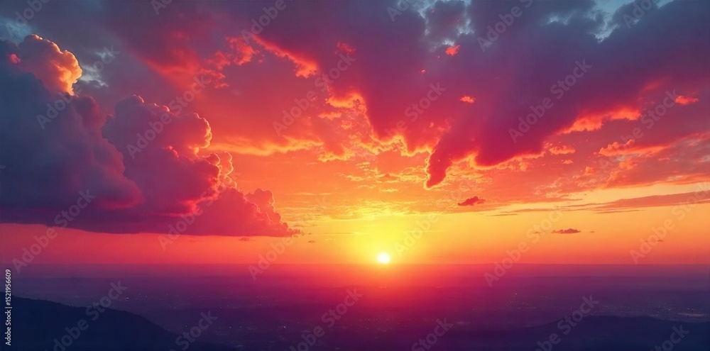 Naklejka premium Stunning panoramic view of a vibrant sunset sky, filled with fiery oranges, deep reds, and soft pinks Perfect for travel, nature, and inspirational projects , vibrant, horizon, high resolution