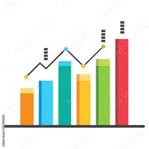 a vibrant bar chart with a superimposed line graph, showcasing rising columns and a fluctuating trend line. It represents business growth, financial data, analytics, and performance metrics.