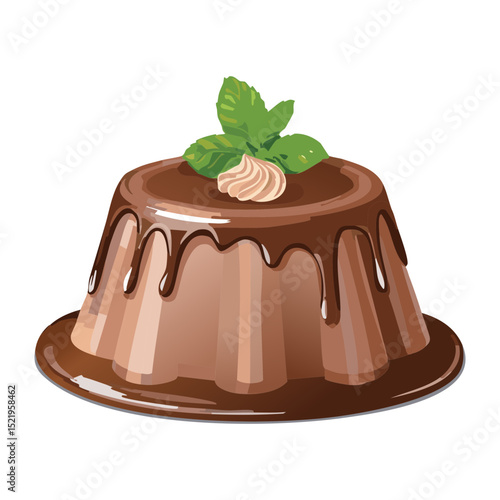 Dark Chocolate Pudding with Mint Leaf - Vector Illustration