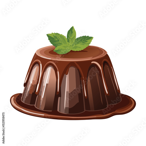 Rich Chocolate Flan with Mint - Vector Illustration
