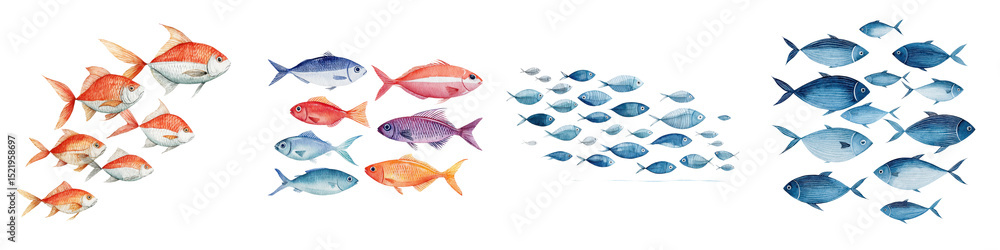 Fototapeta premium A school of colorful tropical fish swimming underwater long title A vibrant harmonious school of diverse fish species swimming together in a serene