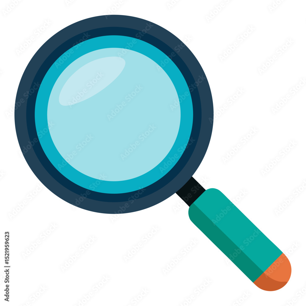 a flat icon of a magnifying glass with a blue lens and teal handle, outlined in dark blue, seen from a direct front view. It symbolizes search, discovery, examination, and analysis. a flat icon of a magnifying glass with a blue lens and teal handle, outlined in dark blue, seen from a direct front view. It symbolizes search, discovery, examination, and analysis.