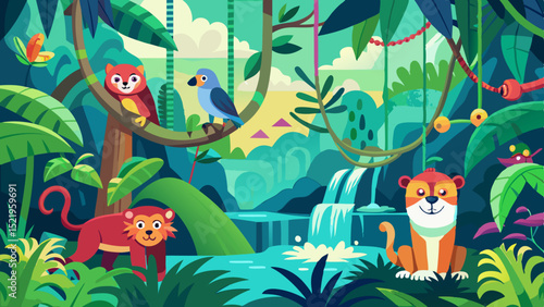 Vibrant jungle animals waterfall scene transparent png