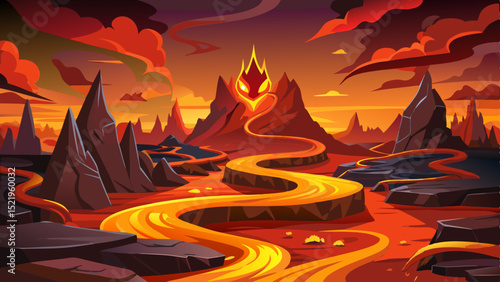Fiery lava river landscape, volcanic fantasy scene