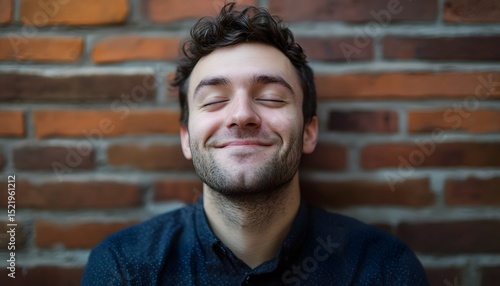 A man with closed eyes smiles against a brick wall.