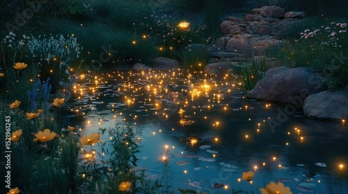 A serene night scene depicting a pond with glowing lights