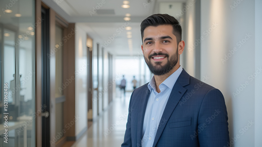 Fototapeta premium young age middle eastern businessman standing in hallway of modern office, successful arabic business man portrait, saudi corporate manager, assistant to ceo, starter newcomer